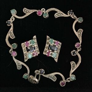 Silver with mixed gemstones earrings and bracelet set.